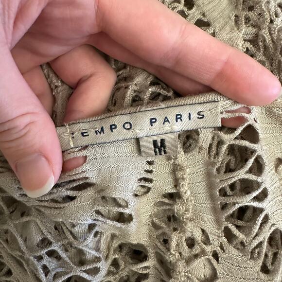 Tempo Paris Taupe Crochet Tunic Top M Boho Sheer Lace Knit Long Sleeve - Picture 2 of 6